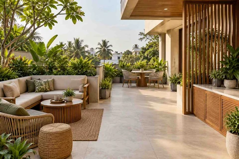 AI-generated outdoor concept: private terrace garden, tropical slatted direction