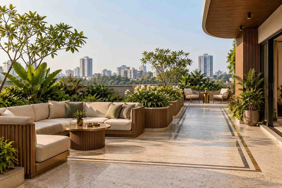 AI-generated outdoor concept: private terrace garden, urban deco direction