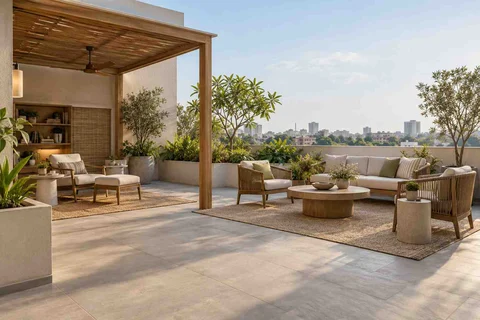 AI-generated outdoor concept: roof terrace quiet zones, ash and linen direction