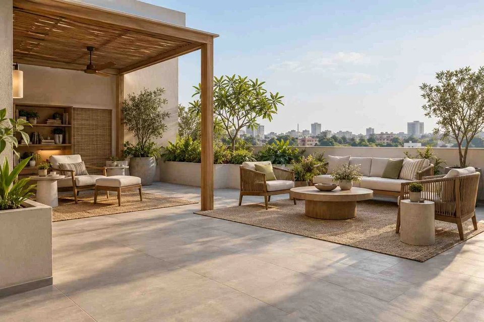 AI-generated outdoor concept: roof terrace quiet zones, ash and linen direction