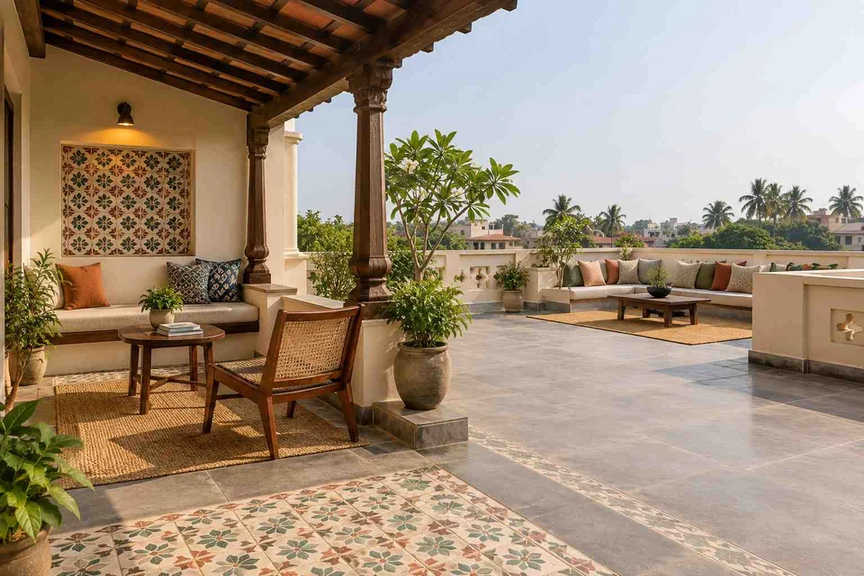 AI-generated outdoor concept: roof terrace quiet zones, chettinad tile direction