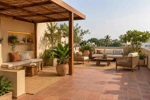 AI-generated outdoor concept: roof terrace quiet zones, clay artisan direction