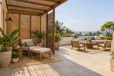 AI-generated outdoor concept: roof terrace quiet zones, coastal woven direction