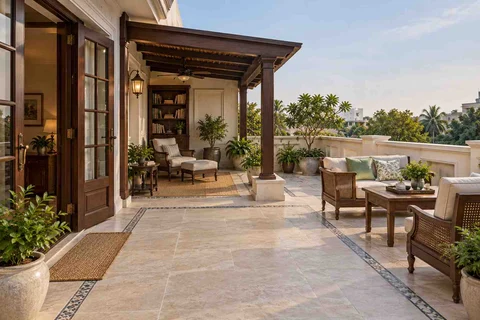AI-generated outdoor concept: roof terrace quiet zones, colonial quiet direction