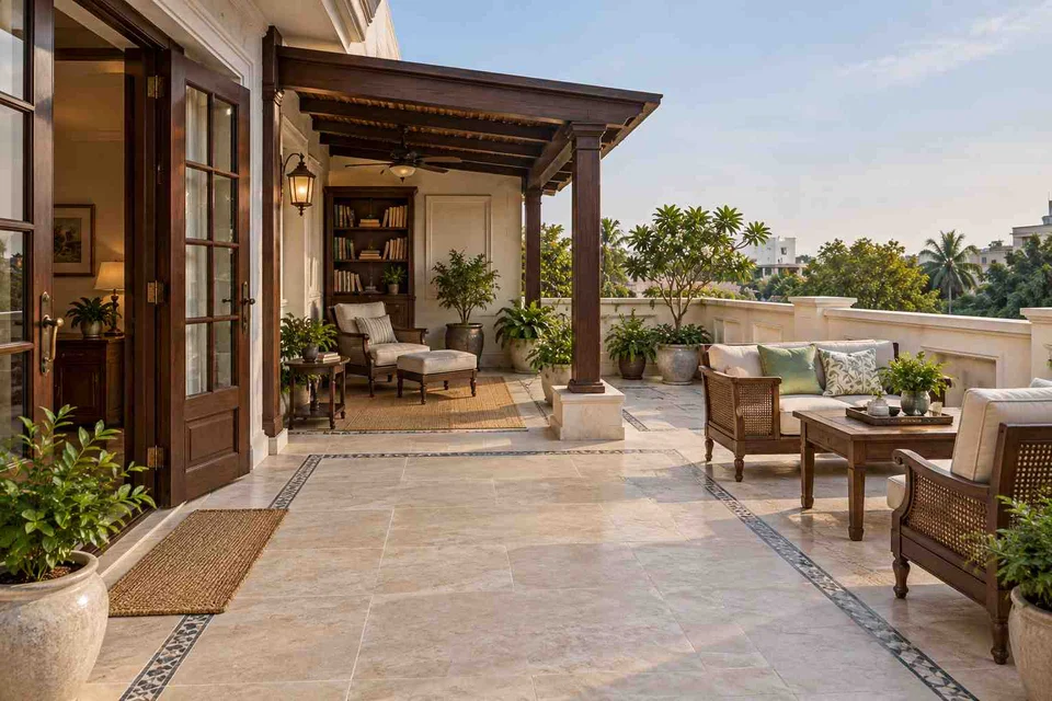 AI-generated outdoor concept: roof terrace quiet zones, colonial quiet direction