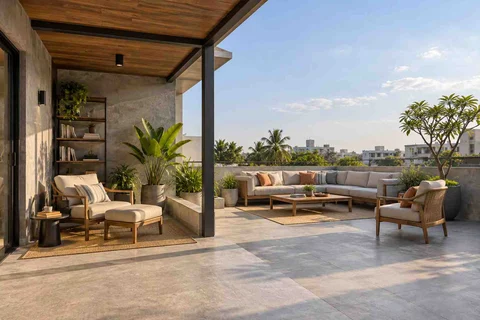 AI-generated outdoor concept: roof terrace quiet zones, concrete and oak direction