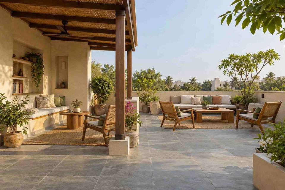 AI-generated outdoor concept: roof terrace quiet zones, courtyard modern direction