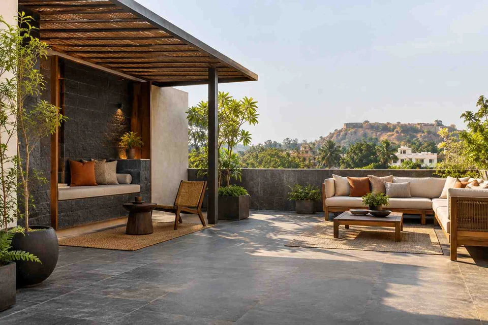 AI-generated outdoor concept: roof terrace quiet zones, deccan stone direction