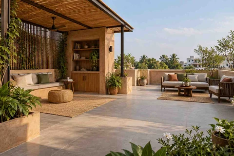 AI-generated outdoor concept: roof terrace quiet zones, earth and bamboo direction
