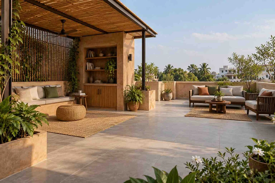 AI-generated outdoor concept: roof terrace quiet zones, earth and bamboo direction
