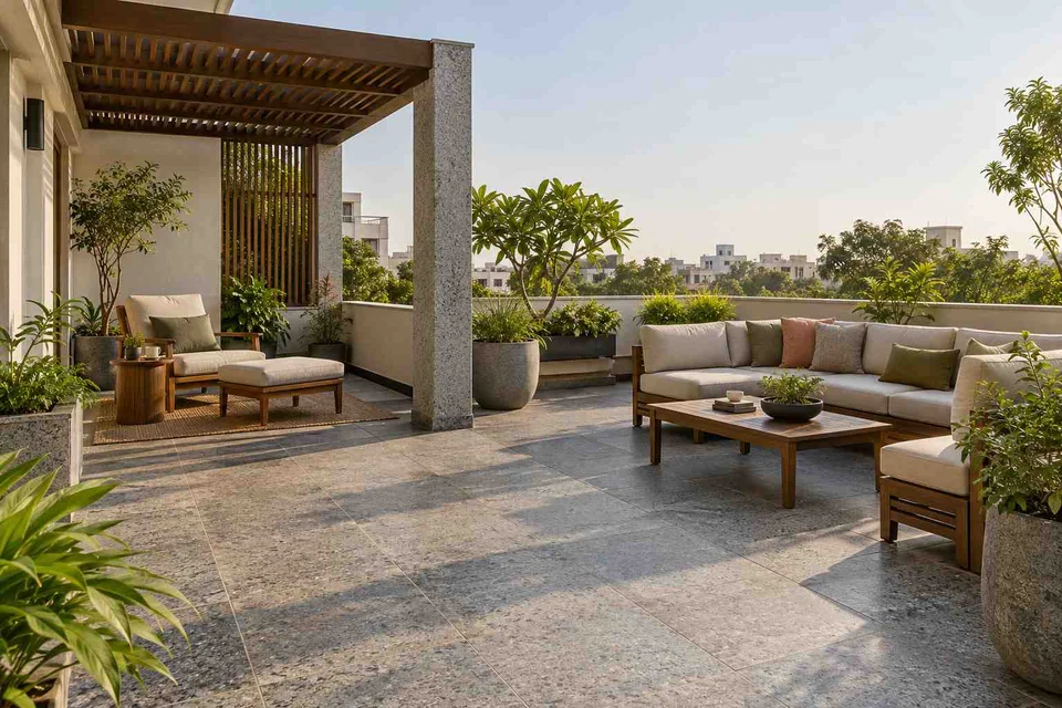 AI-generated outdoor concept: roof terrace quiet zones, granite precision direction