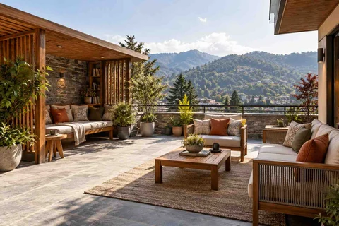 AI-generated outdoor concept: roof terrace quiet zones, hill timber direction