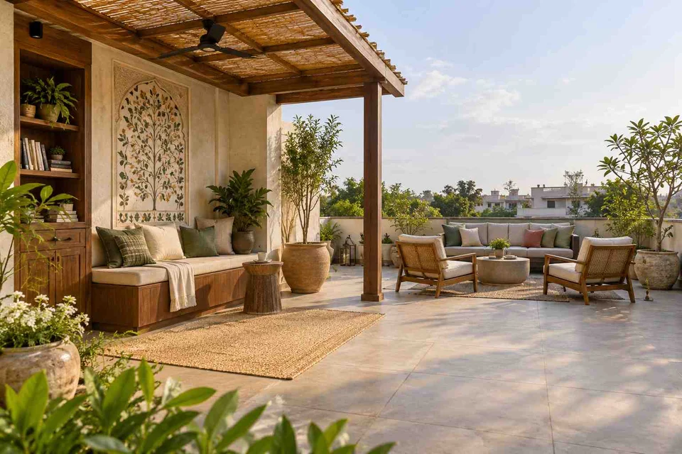 AI-generated outdoor concept: roof terrace quiet zones, inlay atelier direction