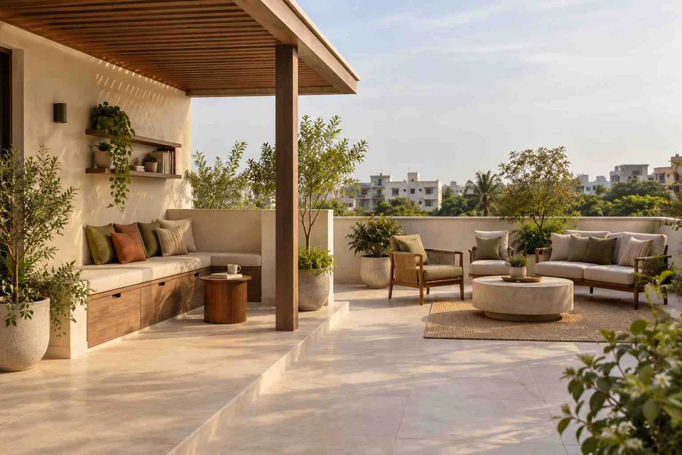 AI-generated outdoor concept: roof terrace quiet zones, lime and walnut direction