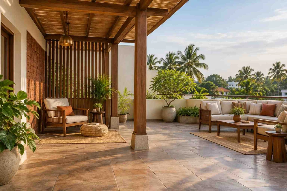 AI-generated outdoor concept: roof terrace quiet zones, malabar timber direction