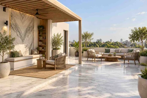 AI-generated outdoor concept: roof terrace quiet zones, marble restraint direction