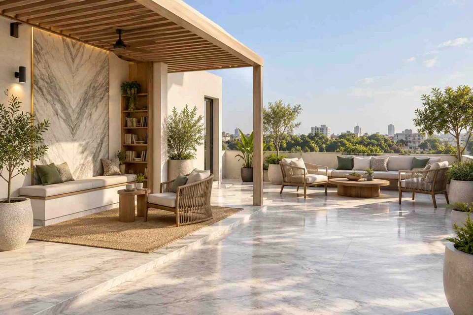 AI-generated outdoor concept: roof terrace quiet zones, marble restraint direction