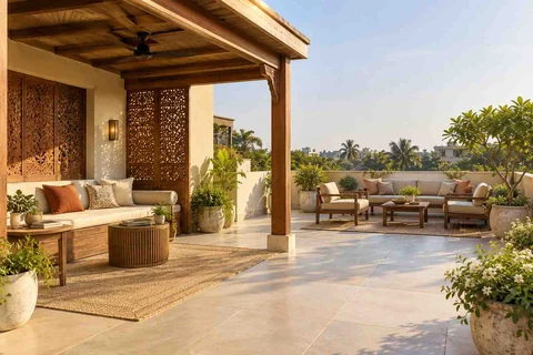 AI-generated outdoor concept: roof terrace quiet zones, modern carved direction
