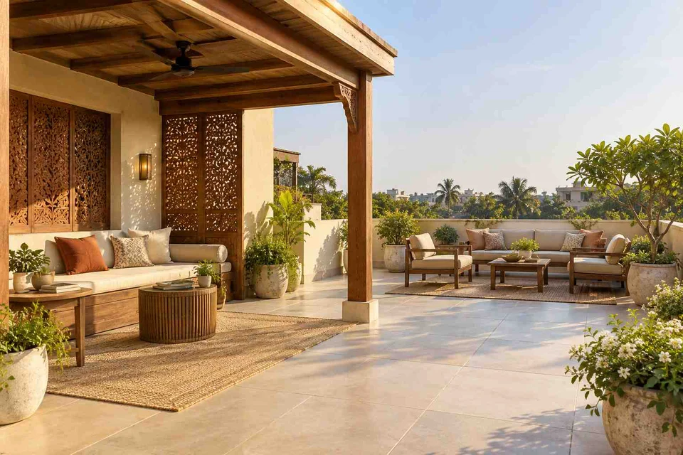 AI-generated outdoor concept: roof terrace quiet zones, modern carved direction