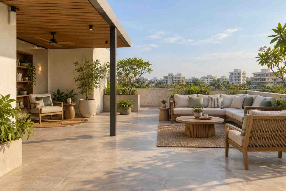 AI-generated outdoor concept: roof terrace quiet zones, quiet contemporary direction