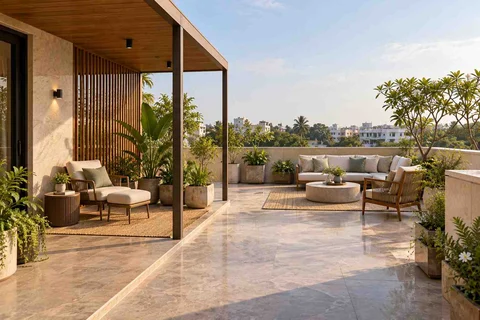 AI-generated outdoor concept: roof terrace quiet zones, quiet transitional direction