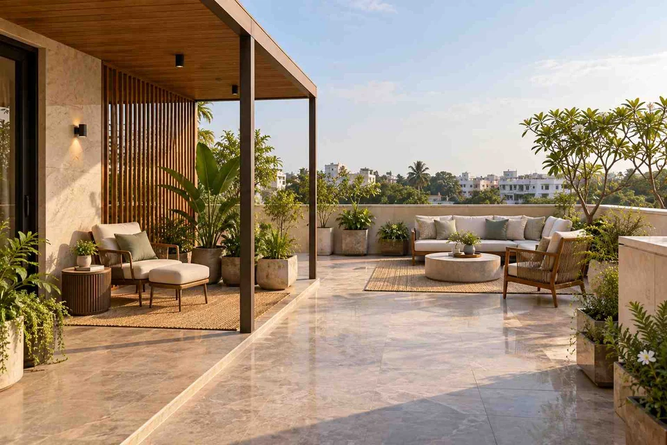 AI-generated outdoor concept: roof terrace quiet zones, quiet transitional direction