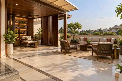 AI-generated outdoor concept: roof terrace quiet zones, rosewood brass direction