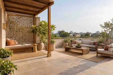 AI-generated outdoor concept: roof terrace quiet zones, sandstone lattice direction
