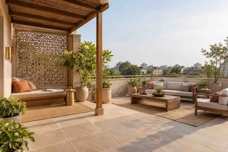 AI-generated outdoor concept: roof terrace quiet zones, sandstone lattice direction