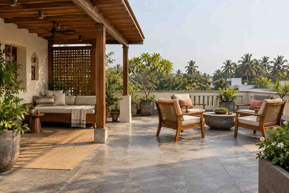 AI-generated outdoor concept: roof terrace quiet zones, teak craft direction