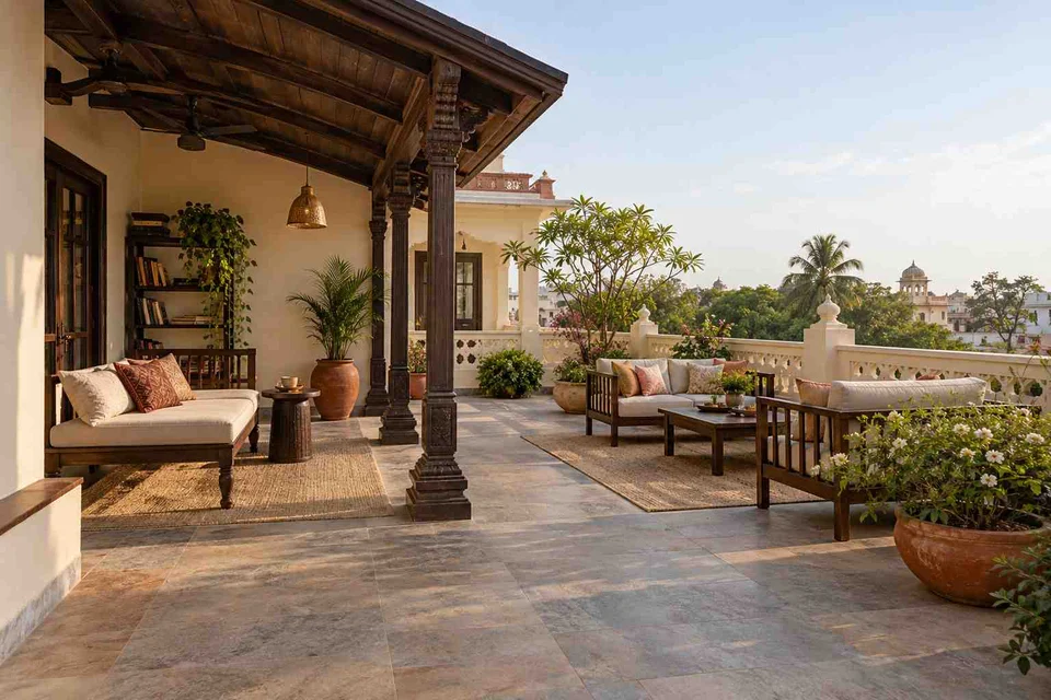 AI-generated outdoor concept: roof terrace quiet zones, terracotta heritage direction