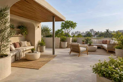 AI-generated outdoor concept: roof terrace quiet zones, textured mineral direction