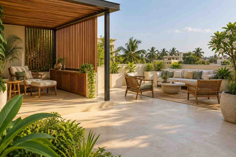 AI-generated outdoor concept: roof terrace quiet zones, tropical slatted direction