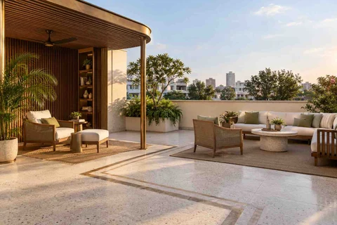 AI-generated outdoor concept: roof terrace quiet zones, urban deco direction