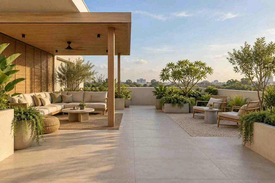 AI-generated outdoor concept: rooftop family lounge, ash and linen direction