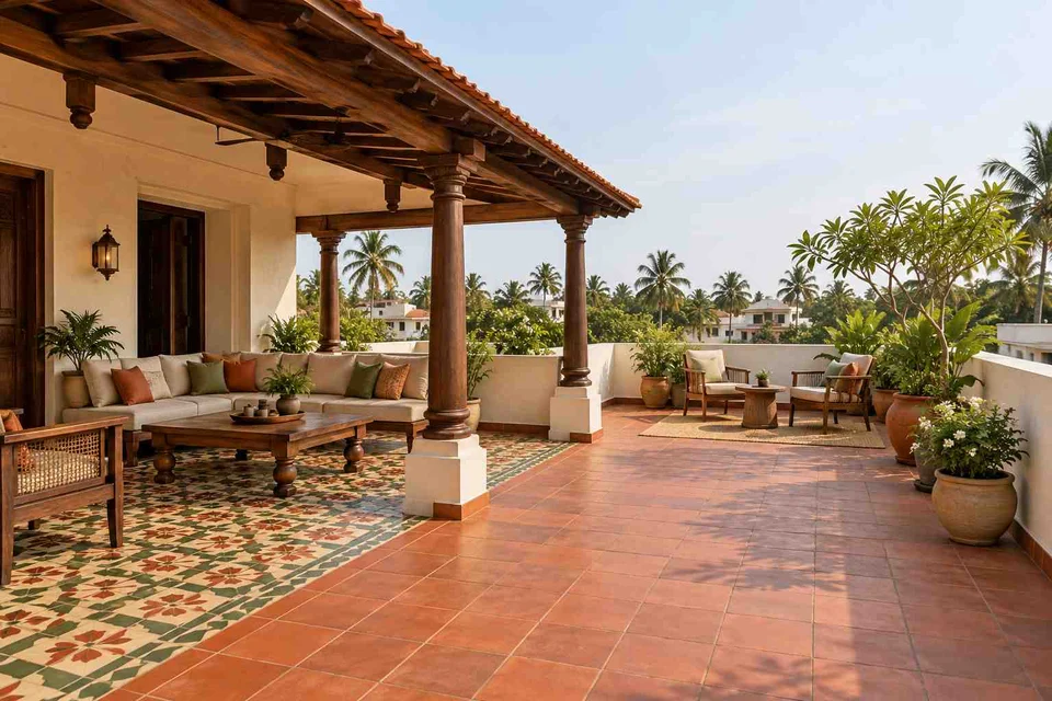 AI-generated outdoor concept: rooftop family lounge, chettinad tile direction