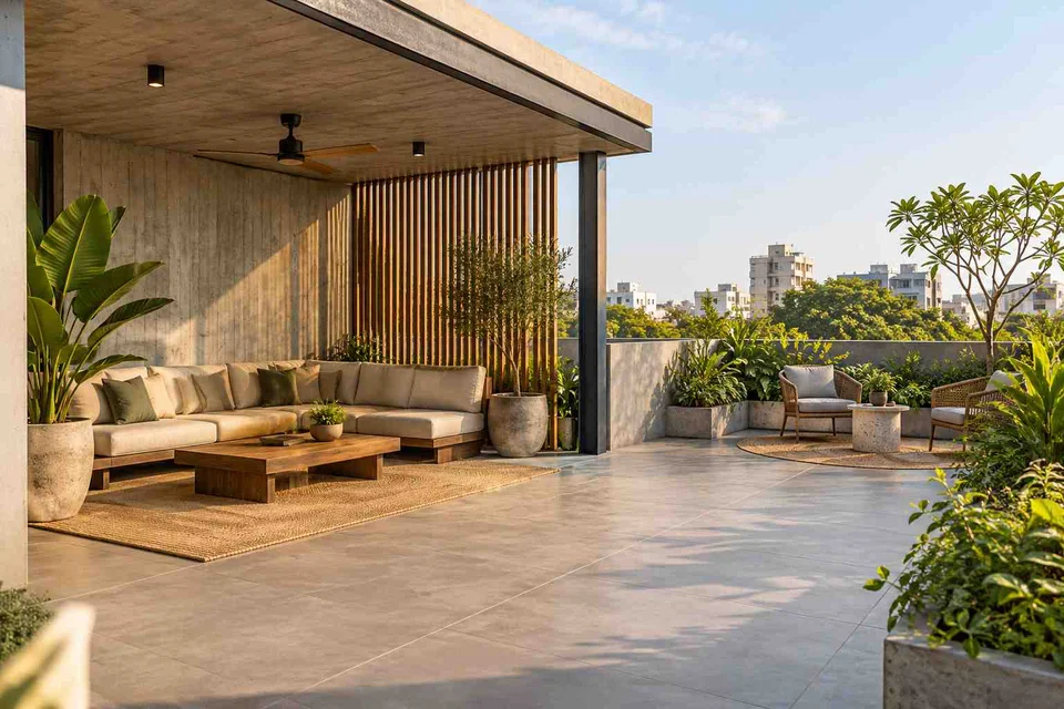 AI-generated outdoor concept: rooftop family lounge, concrete and oak direction