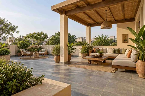 AI-generated outdoor concept: rooftop family lounge, courtyard modern direction