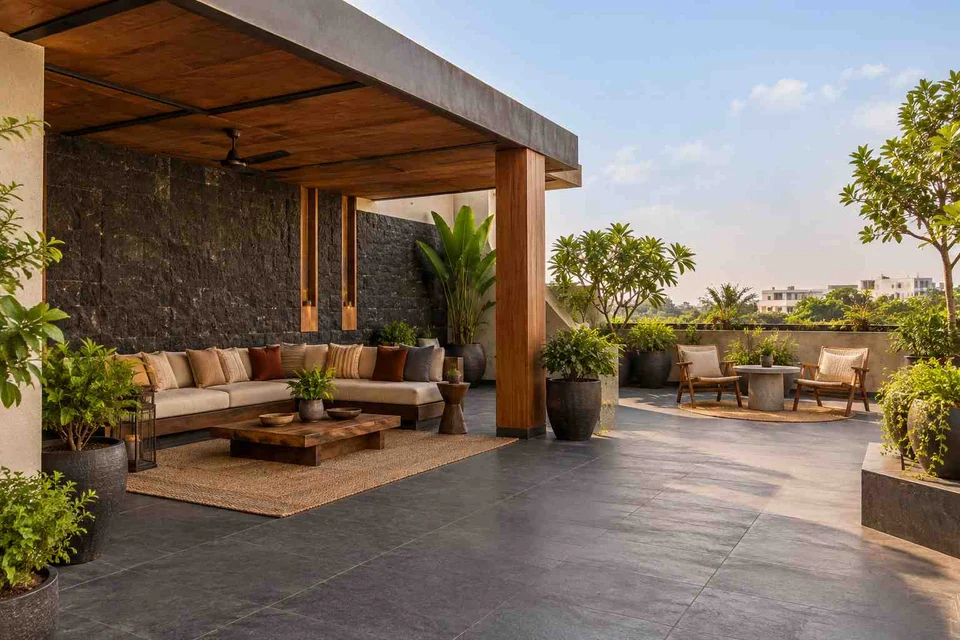 AI-generated outdoor concept: rooftop family lounge, deccan stone direction