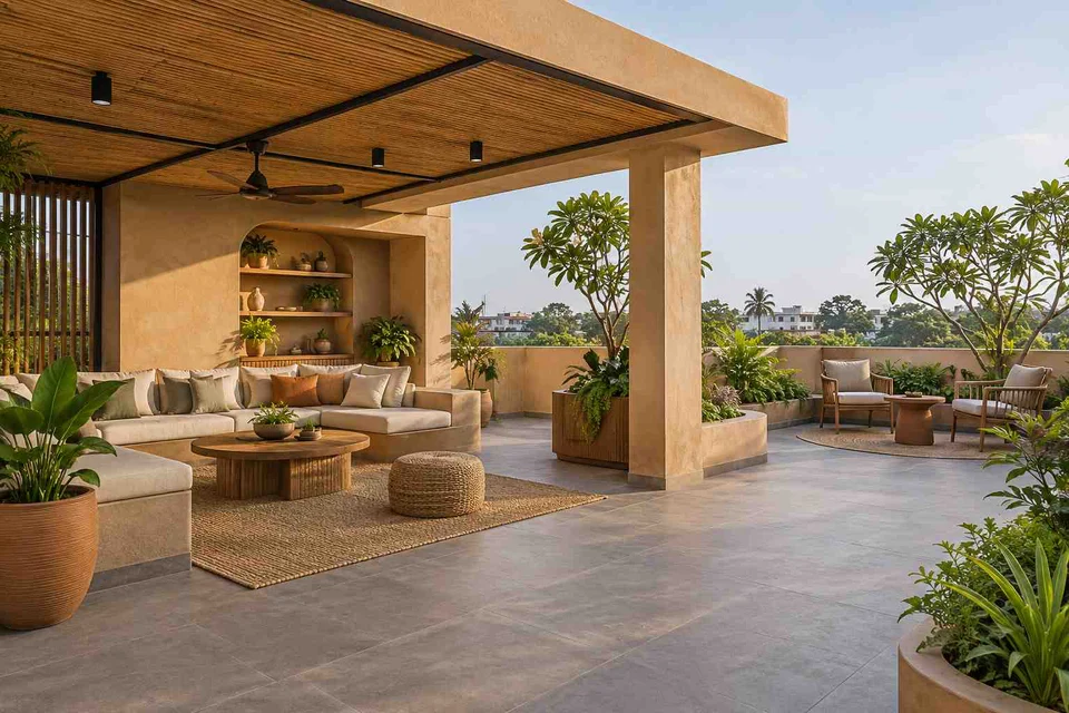 AI-generated outdoor concept: rooftop family lounge, earth and bamboo direction