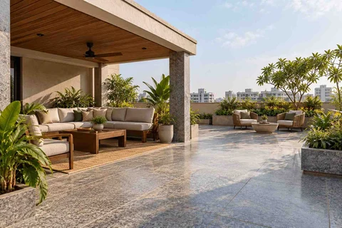 AI-generated outdoor concept: rooftop family lounge, granite precision direction