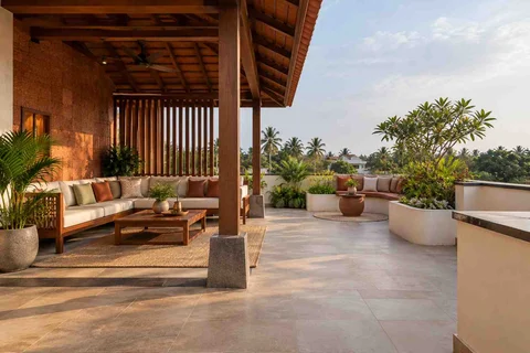 AI-generated outdoor concept: rooftop family lounge, malabar timber direction