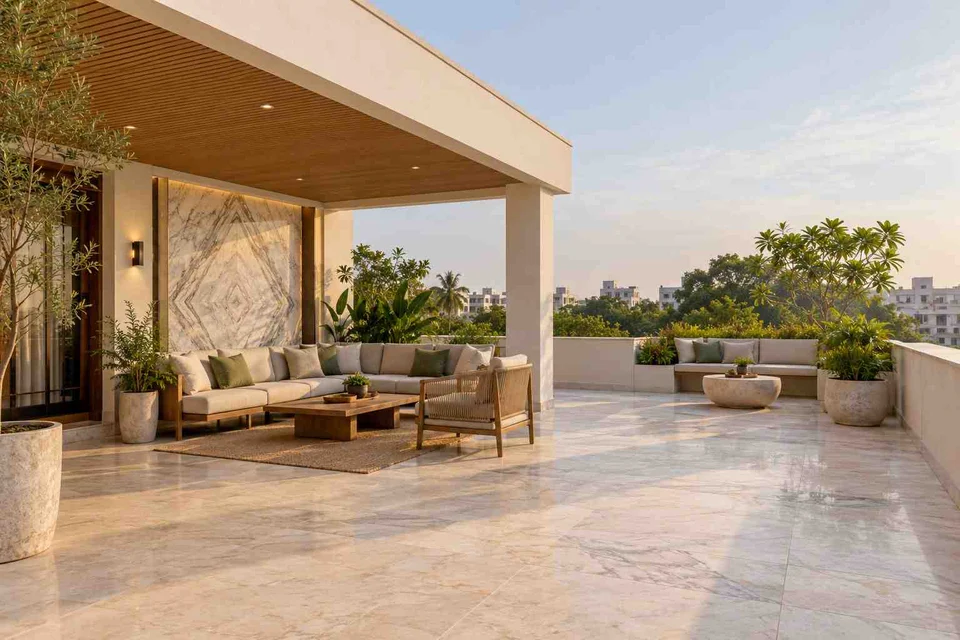 AI-generated outdoor concept: rooftop family lounge, marble restraint direction