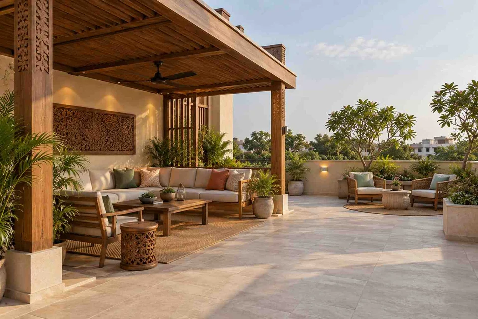 AI-generated outdoor concept: rooftop family lounge, modern carved direction