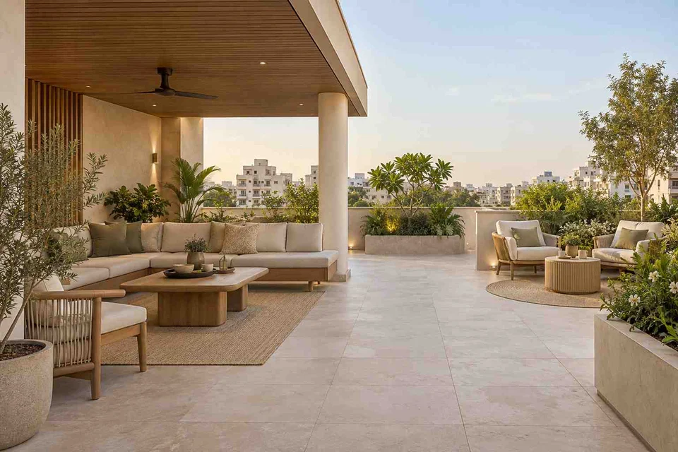 AI-generated outdoor concept: rooftop family lounge, quiet contemporary direction