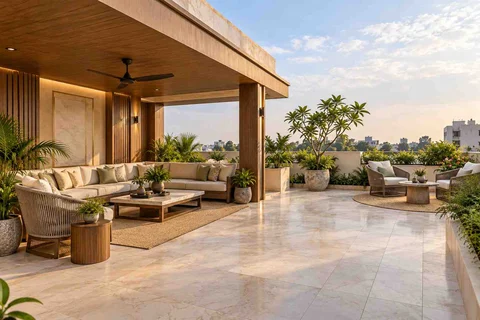 AI-generated outdoor concept: rooftop family lounge, quiet transitional direction