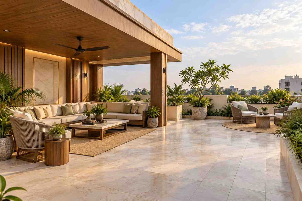 AI-generated outdoor concept: rooftop family lounge, quiet transitional direction