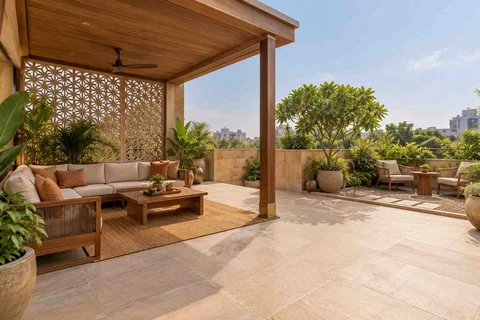 AI-generated outdoor concept: rooftop family lounge, sandstone lattice direction