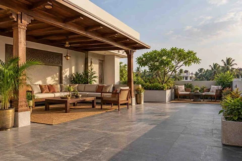 AI-generated outdoor concept: rooftop family lounge, teak craft direction