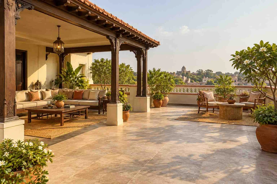 AI-generated outdoor concept: rooftop family lounge, terracotta heritage direction